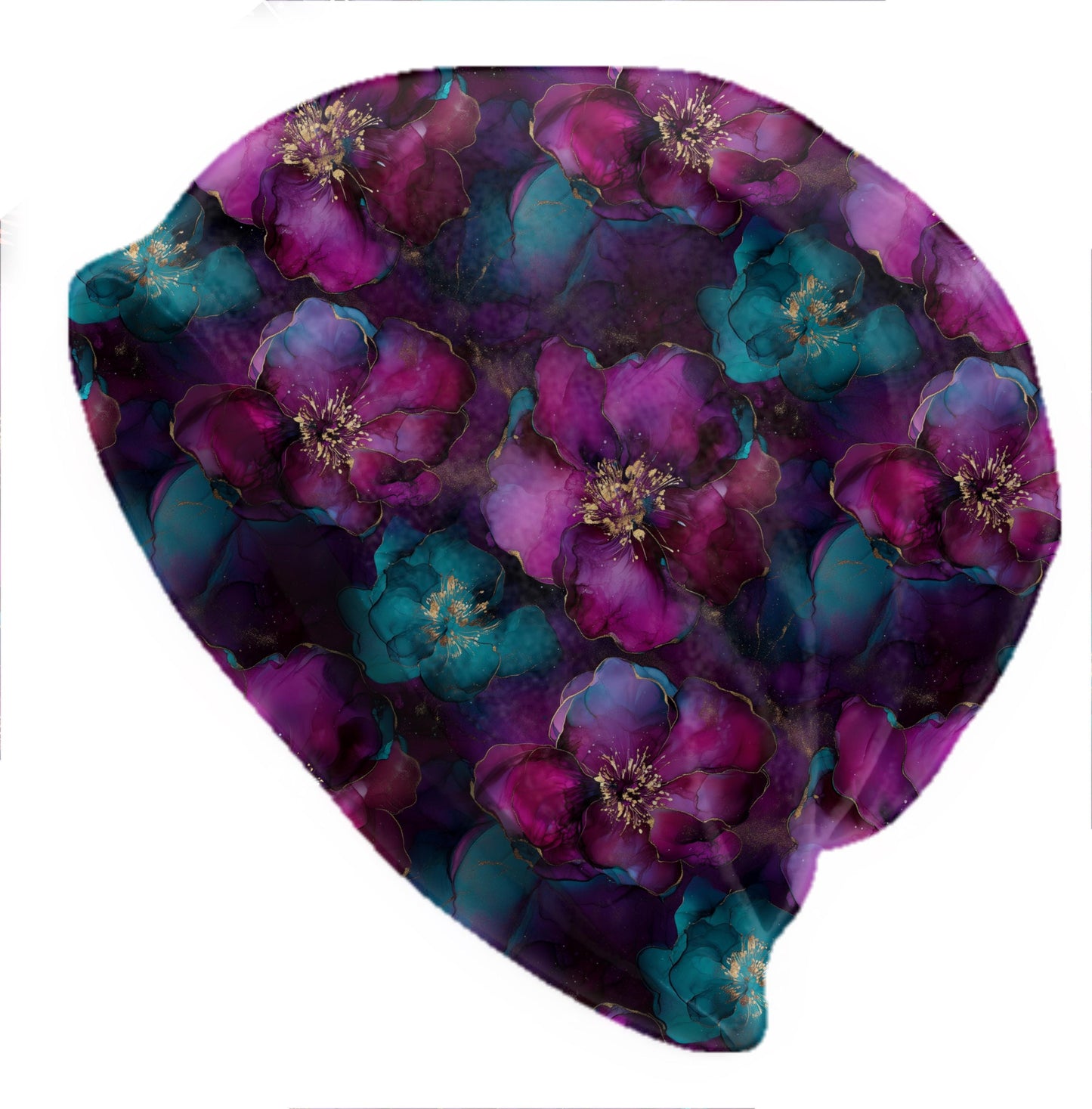 Magenta Fusion Slouchy Beanie – Thin Stretchy Lightweight Skull Cap for Men & Women, Soft Ink Floral Bonnet in Teal Purple Gold