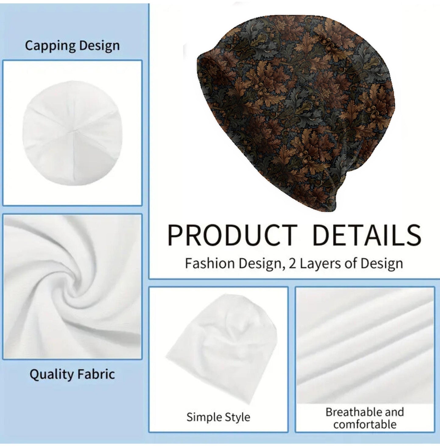 William Morris Dark Foliage Slouchy Beanie – Soft Lightweight Skull Cap, Thin Bonnet Hat for Men & Women, Vintage Leaf Pattern