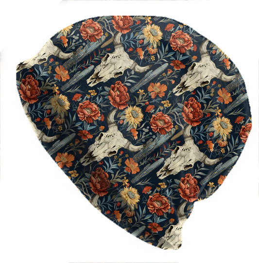Western Floral Skull Beanie – Thin Soft Slouchy Hat for Men, Womens beanie – Boho Cow Skull & Desert Bloom Print, Beanie For Men