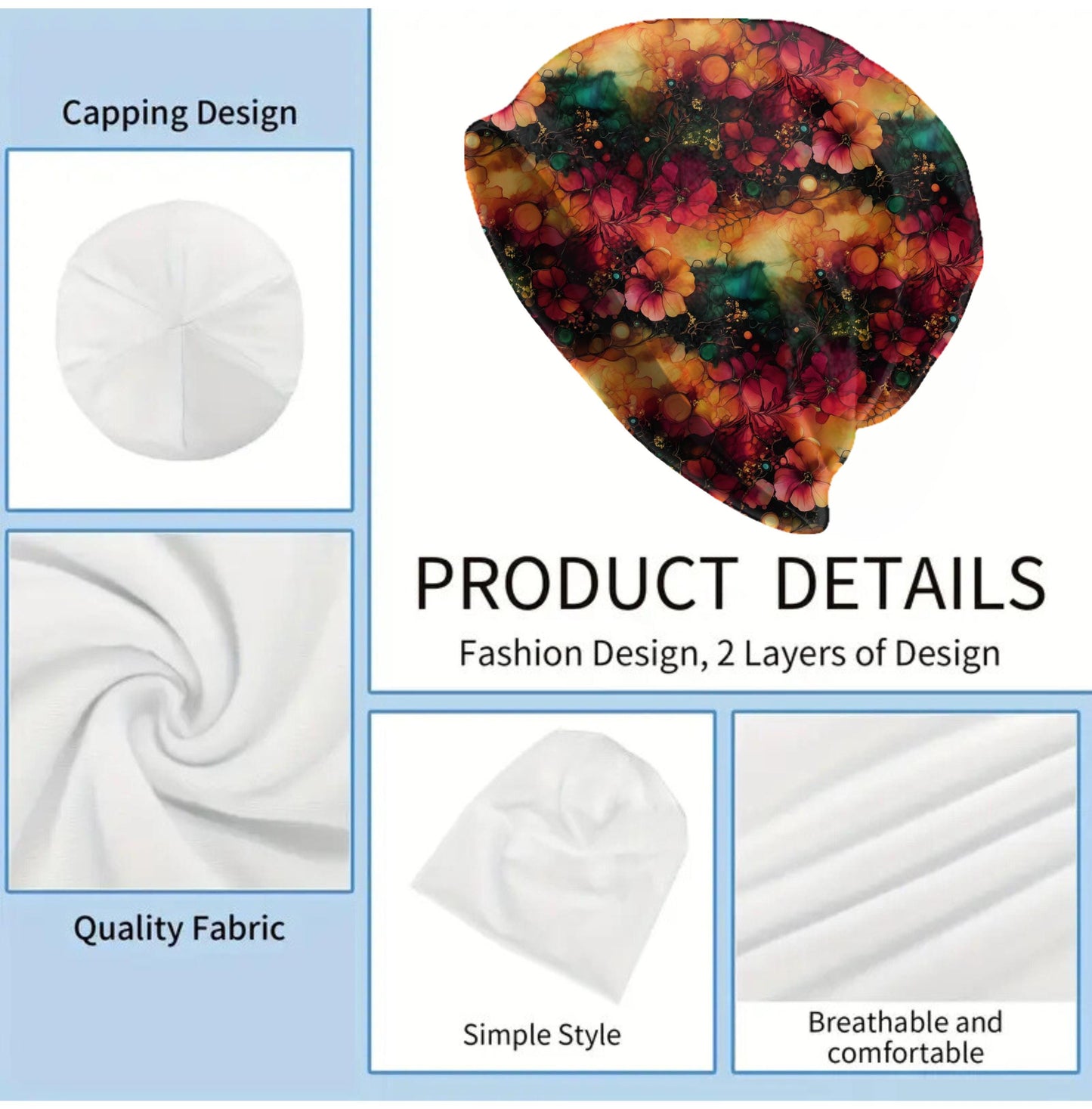 Floral Abstract Slouchy Beanie – Vibrant Botanical Bonnet, Soft Thin Stretchy Skull Cap for Men & Women, Artistic Bloom Print