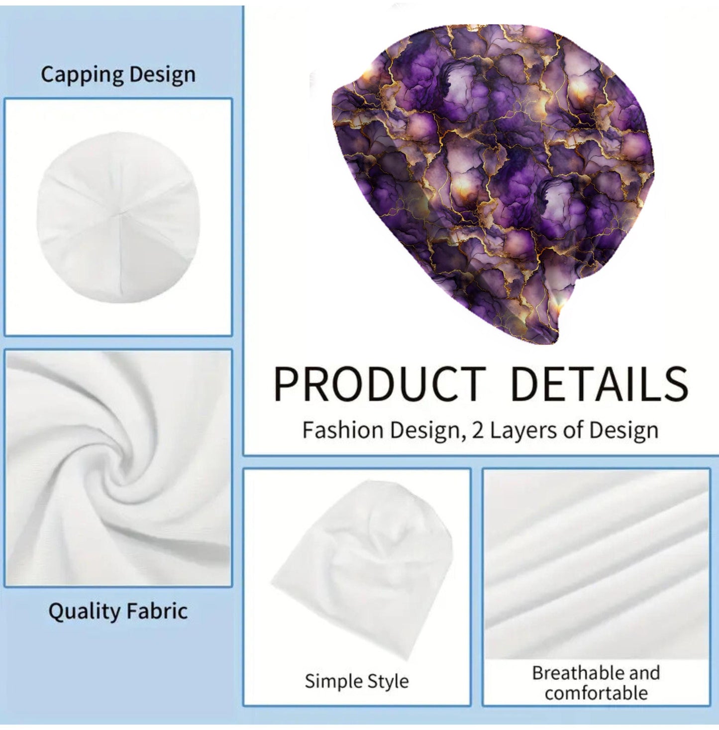 Amethyst Marble Glow Slouchy Beanie – Thin Stretchy Lightweight Skull Cap for Men and Women in Purple Ink and Gold Veins