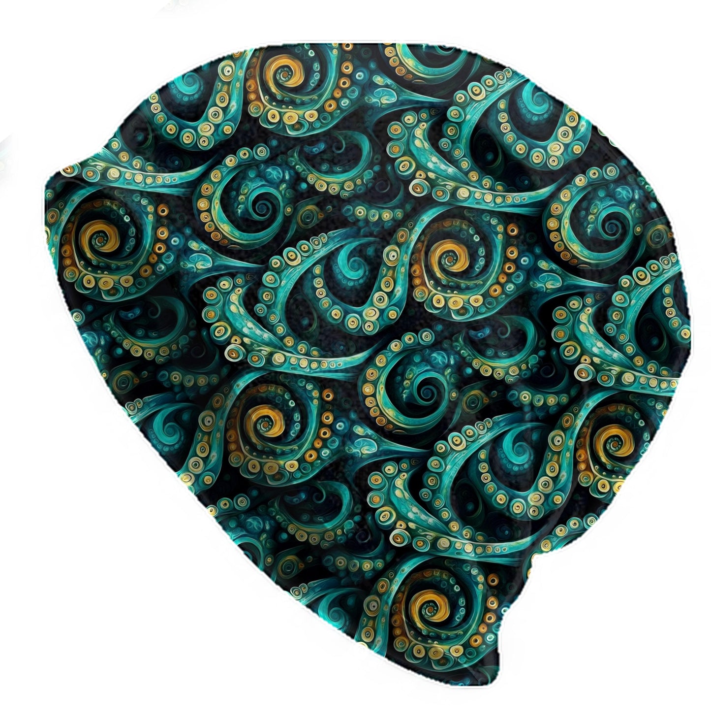 Teal Tentacle Slouchy Beanie – Thin Stretchy Lightweight Skull Cap for Men and Women in Ocean Swirl Pattern
