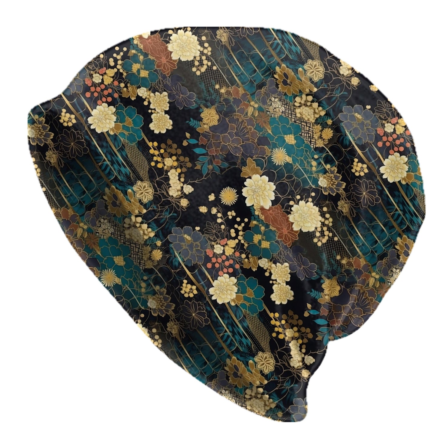 Chiyogami Japanese Floral Slouchy Beanie – Elegant Gold Botanical Print, Soft Lightweight Double-Layer Stretch Cap, Fine Art Flowers Unisex