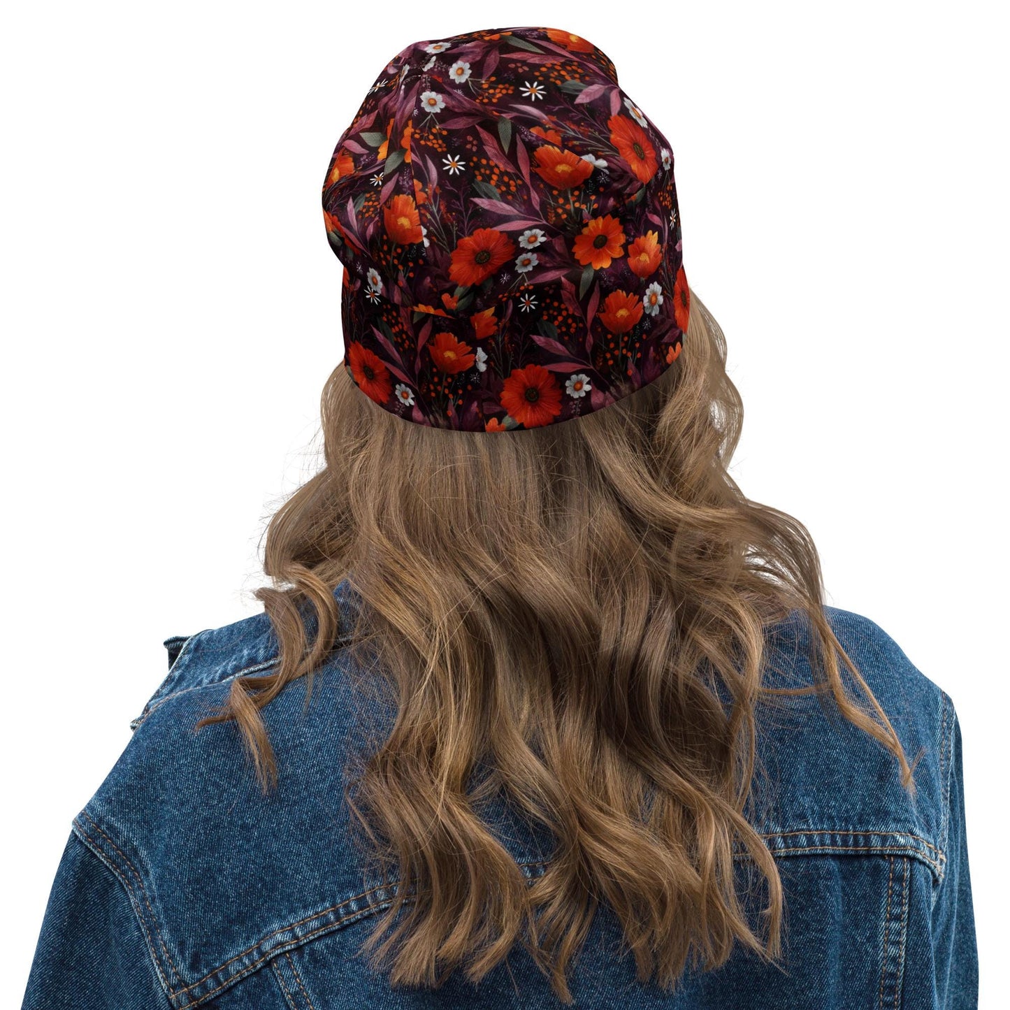 Fiery Autumn Poppies Slouchy Beanie – Bold Floral Bonnet, Soft Thin Stretchy Skull Cap for Men & Women, Fall Botanical Print Hat