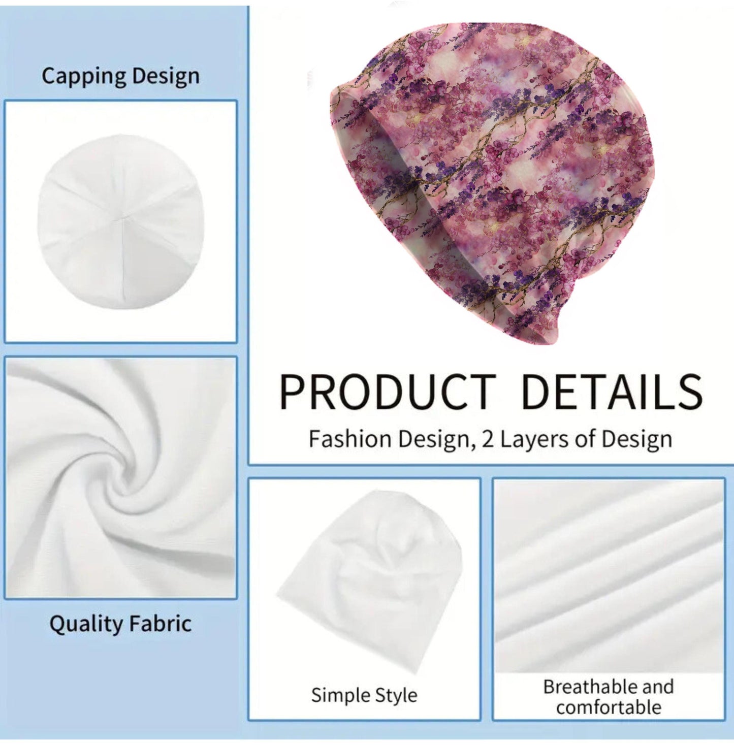 Pink Wisteria Blossom Slouchy Beanie – Thin Stretchy Lightweight Skull Cap for Men & Women in Soft Pink and Purple Cascading Florals