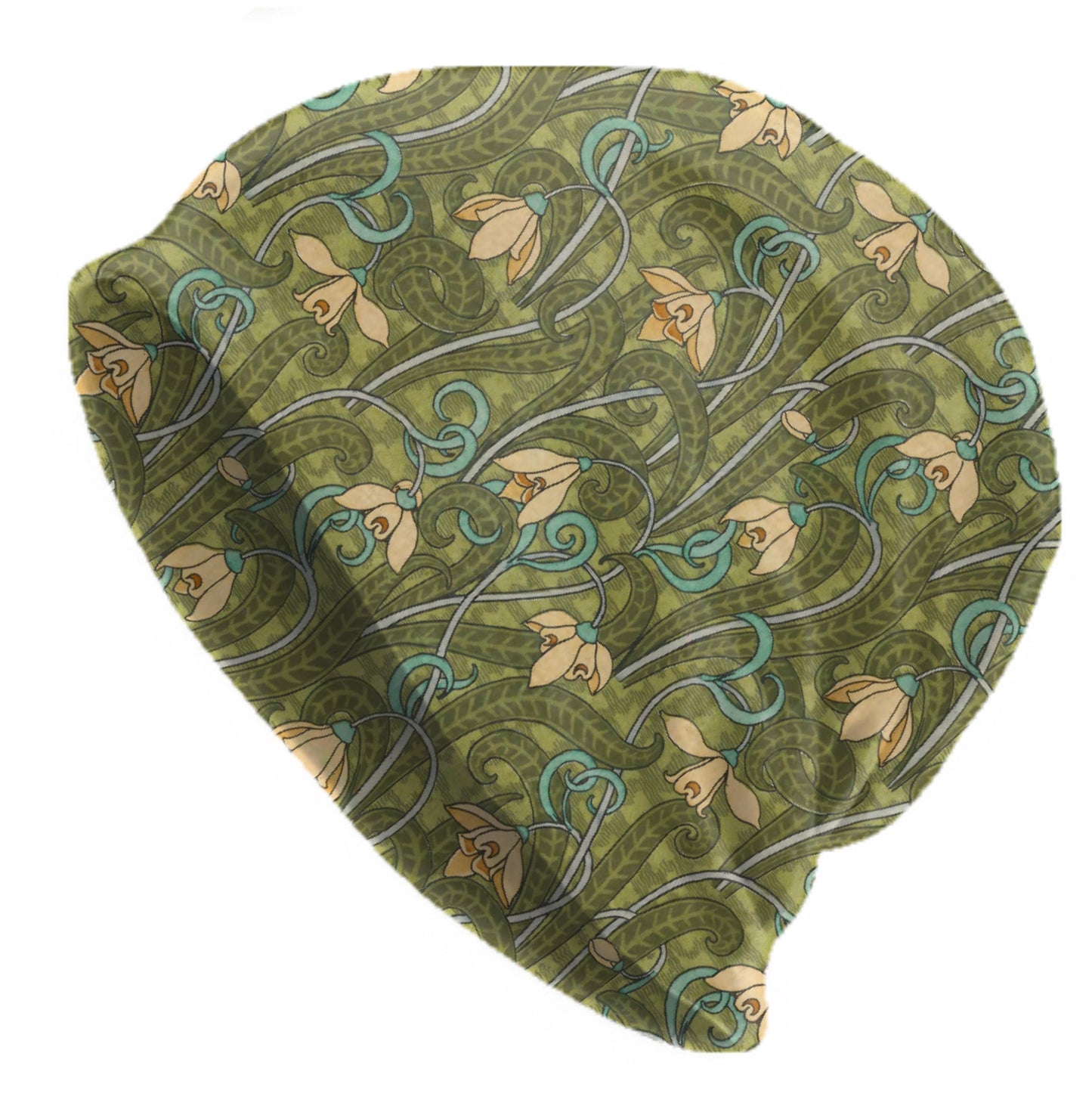Thin Maurice Pillard Snowdrop Beanie – Art Nouveau Floral Hat in Olive & Teal, Vintage Botanical Lightweight Slouch Cap