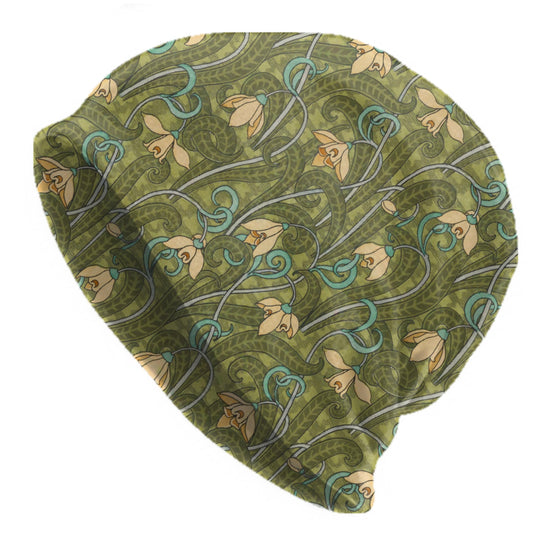 Thin Maurice Pillard Snowdrop Beanie – Art Nouveau Floral Hat in Olive & Teal, Vintage Botanical Lightweight Slouch Cap