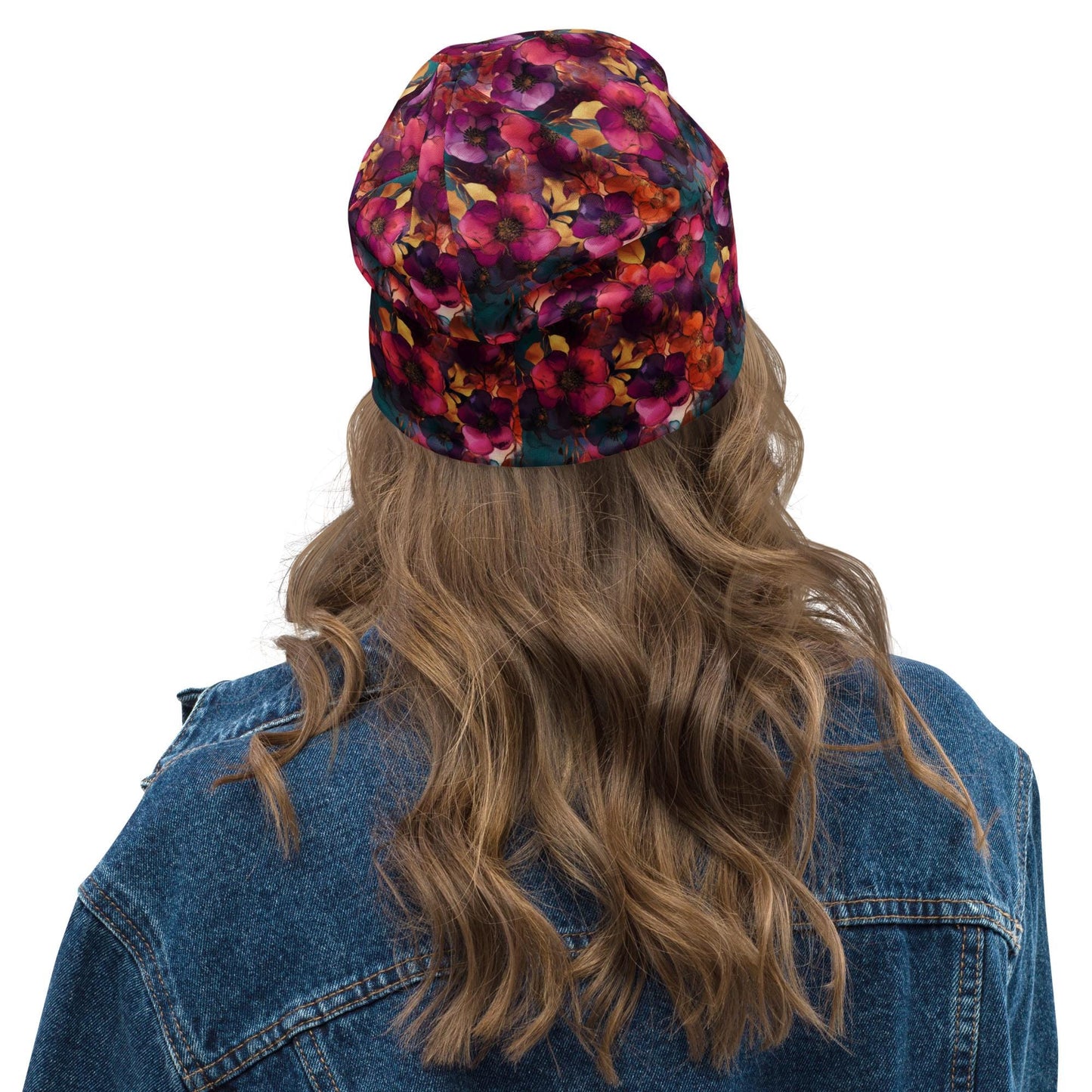 Magenta Luxe Wildflower Slouchy Beanie, Bold Floral Bonnet, Soft Thin Stretchy Skull Cap for Men and Women, Teal and Fuchsia Print Hat