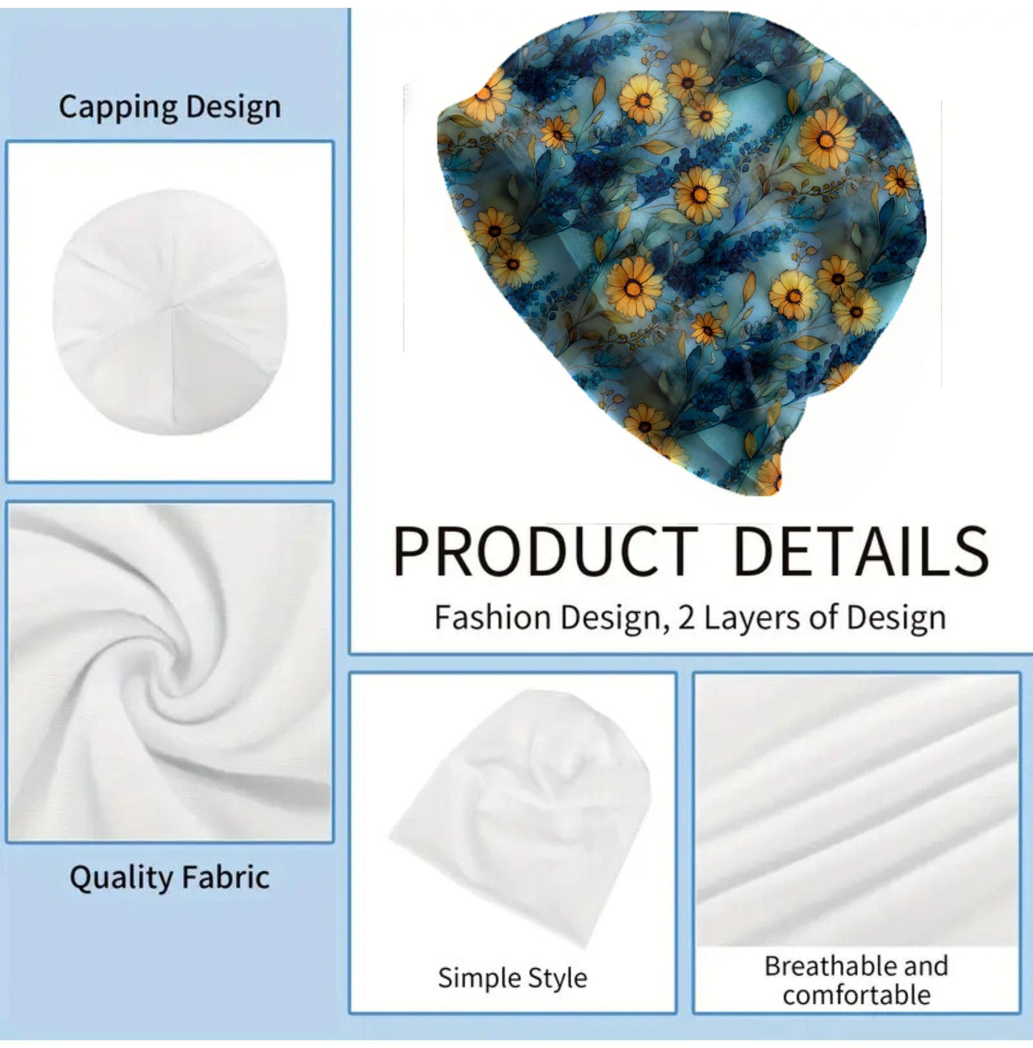 Topaz Daisy Slouchy Beanie – Blue Botanical Bonnet, Soft Thin Stretchy Skull Cap for Men & Women, Watercolor Floral Print Hat