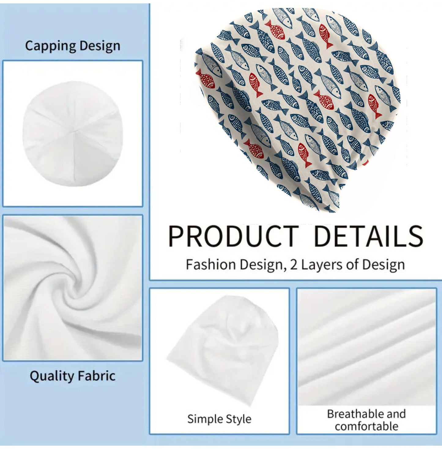 Red & Navy Fish Print Beanie – Folk Coastal Slouch Hat, Nautical Ocean Skull Cap, Thin Soft Unisex Beach Beanie, Maritime Style