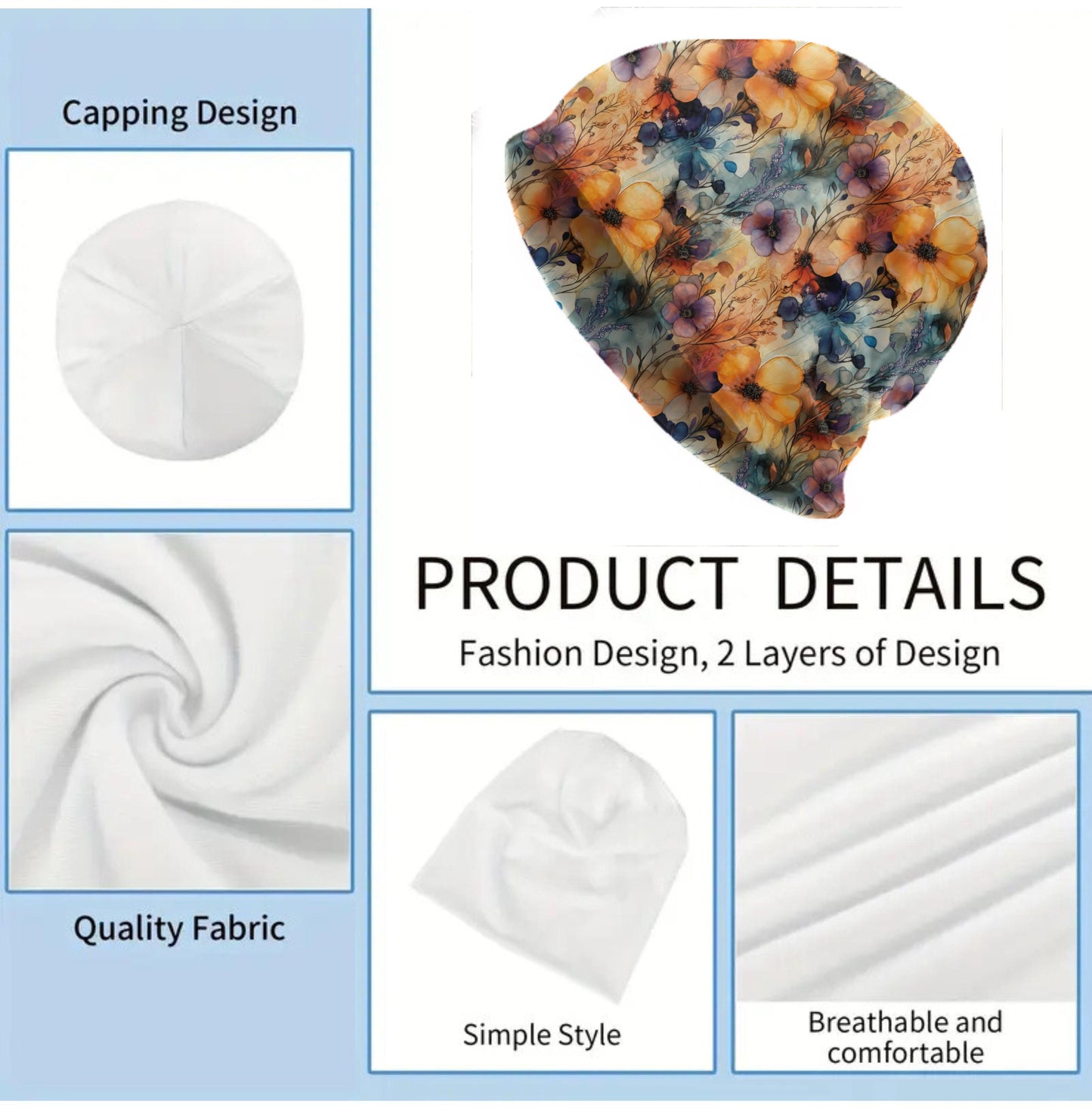 Lush Floral Garden Slouchy Beanie – Thin Stretchy Unisex Skull Cap for Men & Women, Soft Lightweight Botanical Bonnet, Orange Blue Flowers