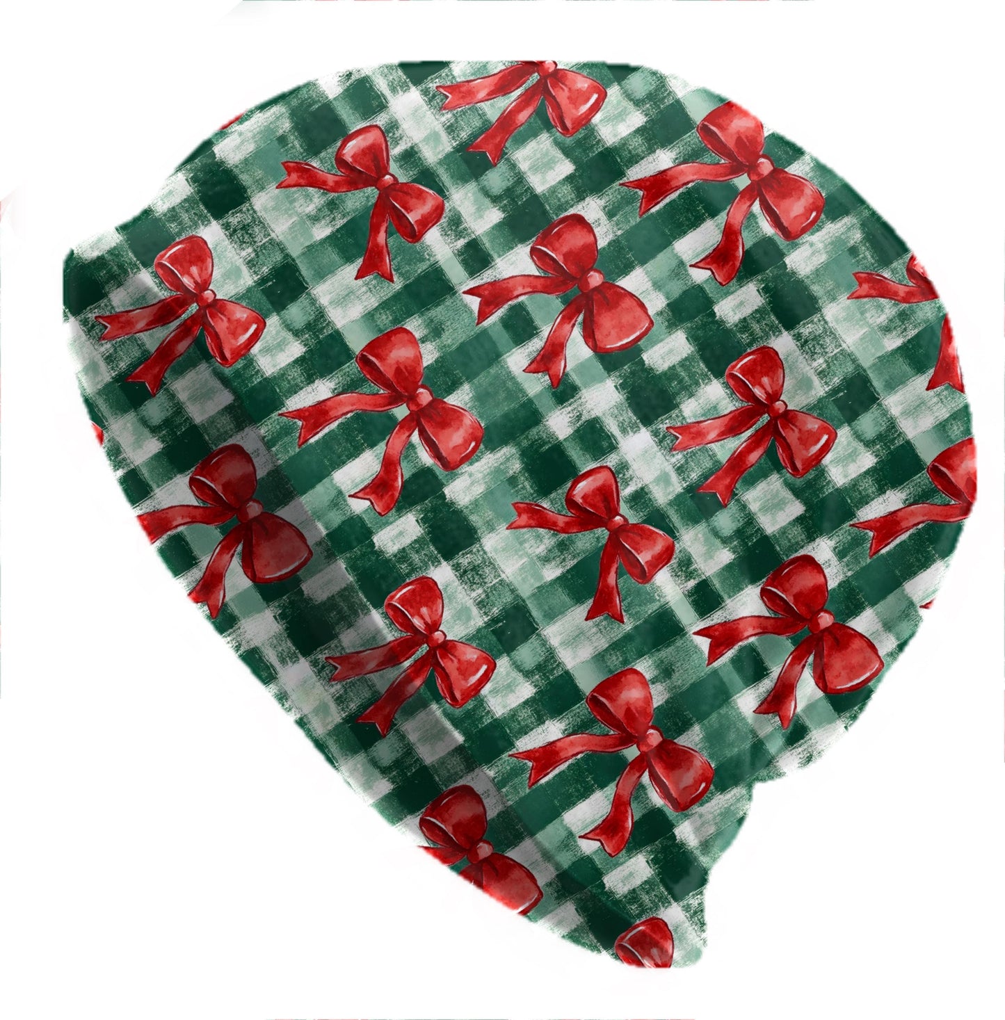 Thin Christmas Beanie, Watercolor Green Gingham Christmas Bow – Soft Slouchy Holiday Hat for Men & Women, Festive Red Ribbon Pattern