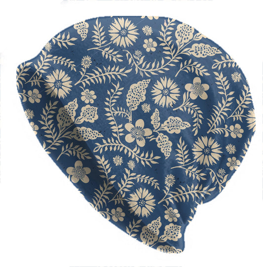Navy Cream Folk Art Floral Slouchy Beanie – Vintage Botanical Skull Cap, Block Print Boho Hat for Men & Women