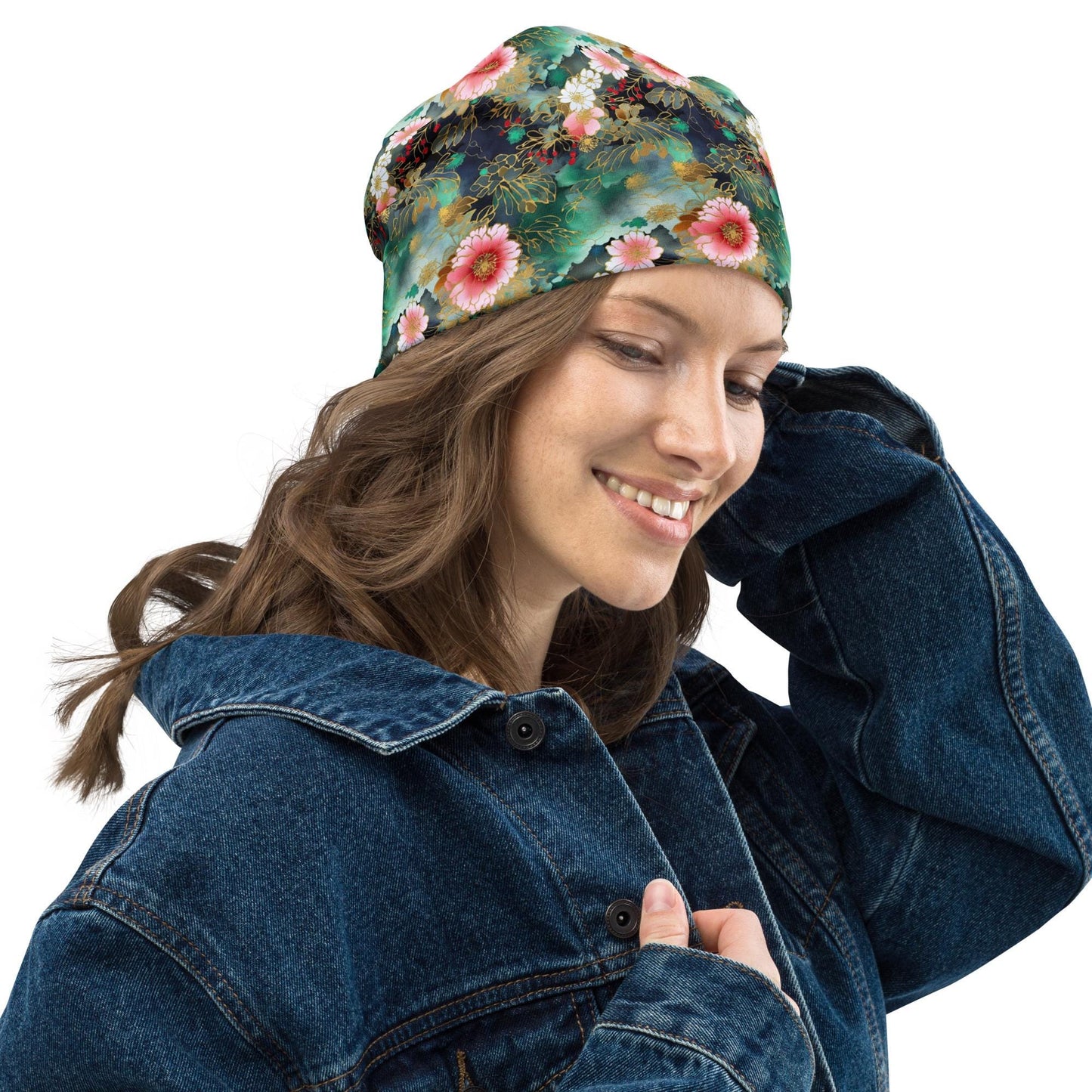 Chiyogami Japanese Floral Slouchy Beanie – Gold Sakura Style Print Hat, Watercolor Emerald Flower Cap, Soft Lightweight Skull Cap Unisex