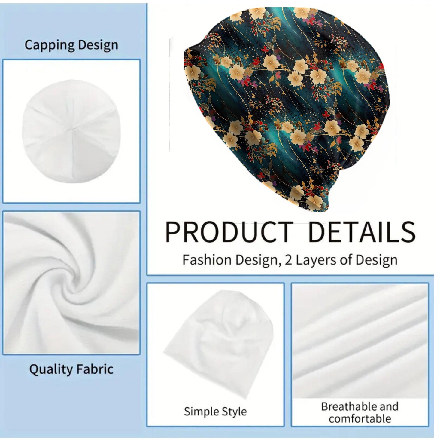 Chiyogami Japanese Floral Slouchy Beanie – Gold Blossom Print, Teal & Black Fine Art Flowers Hat, Lightweight Double-Layer Stretch Skull Cap