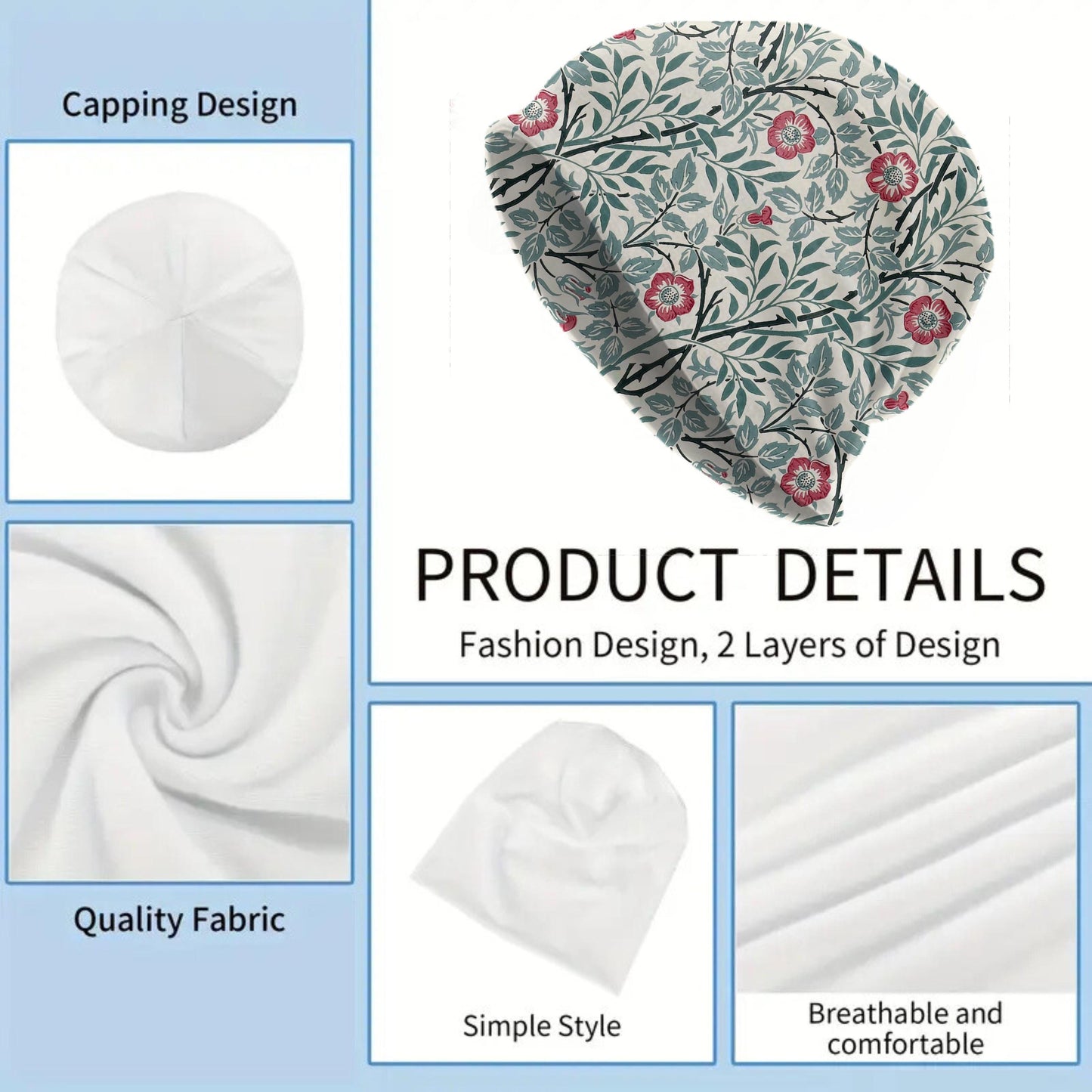 Sweet Briar William Morris Beanie – Vintage Floral Slouch Hat, Soft Botanical Print, Romantic Heritage Design, Women’s Hat & Men’s Beanie