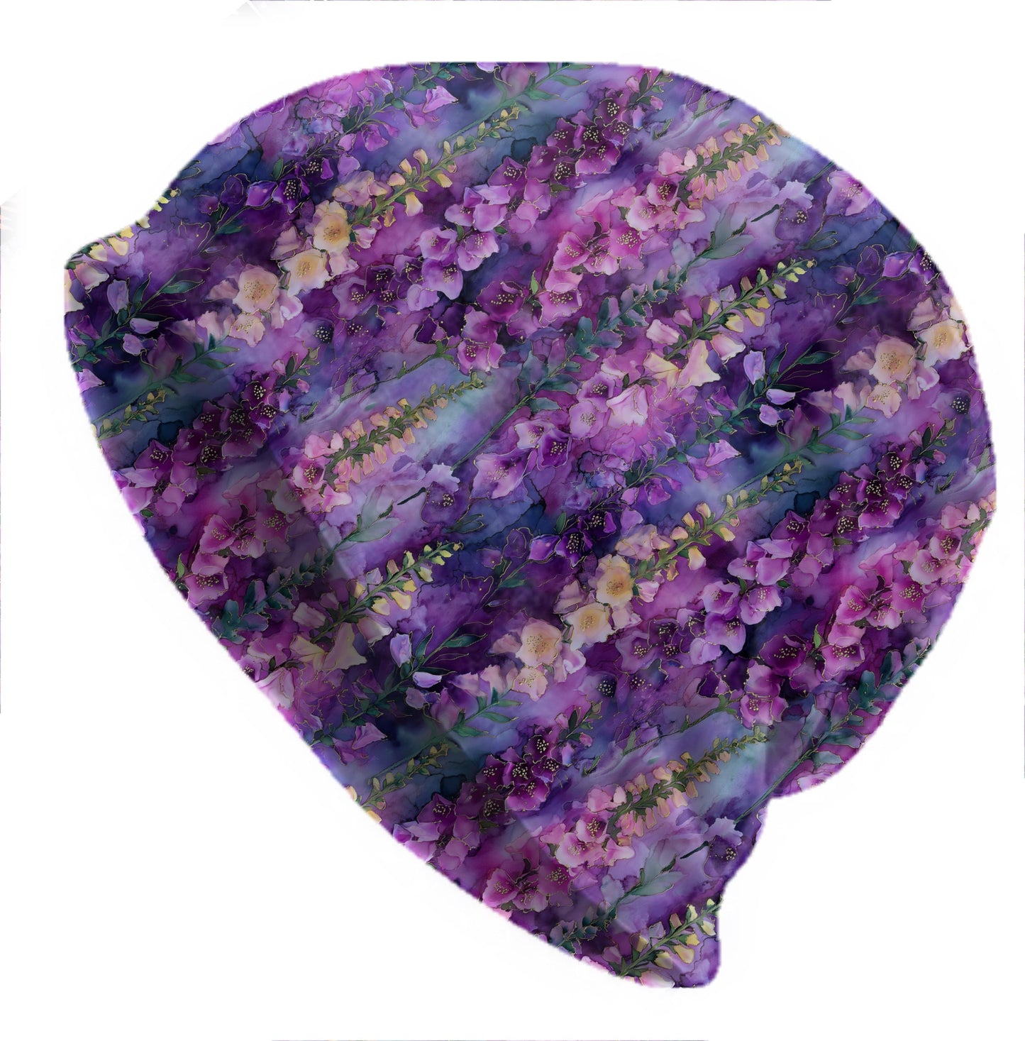 Lilac Rose Foxgloves Slouchy Beanie – Thin Stretchy Unisex Skull Cap for Men & Women, Purple Botanical Bonnet, Soft Lightweight Floral Hat