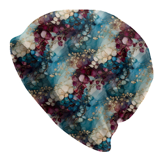 Cobalt Wisteria Slouchy Beanie – Teal Plum Floral Bonnet, Soft Thin Stretchy Skull Cap for Men & Women, Watercolor Botanical Print