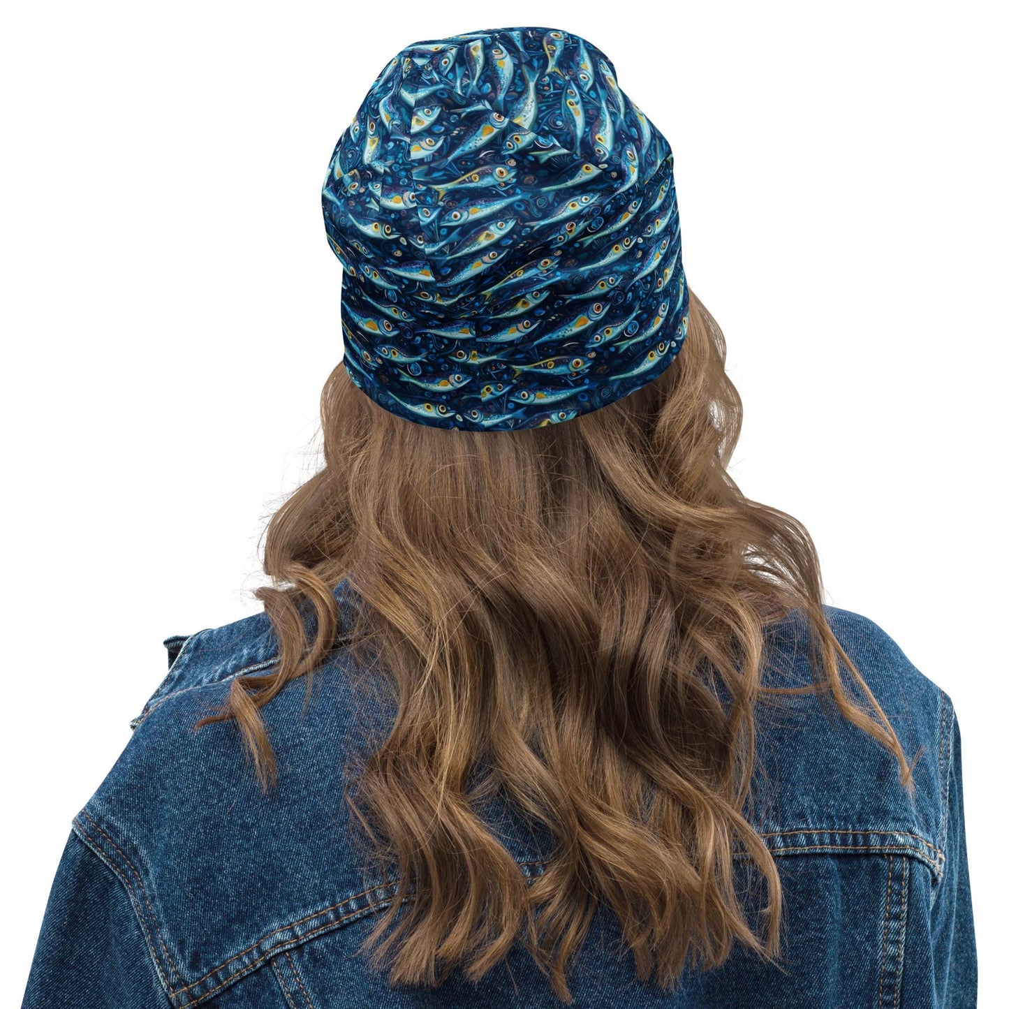 Blue Folk Fish Beanie – Ocean Art Slouch Hat, Whimsical Nautical Skull Cap, Thin Soft Unisex Fisherman Beanie, Size Up for Slouch Fit