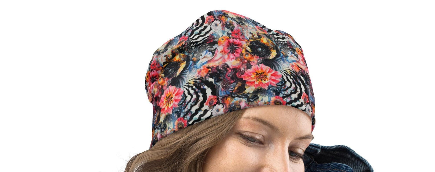 Abstract Ink Bloom Slouchy Beanie – Bold Artistic Bonnet, Soft Thin Stretchy Skull Cap for Men & Women, Vibrant Floral Swirl Print Hat