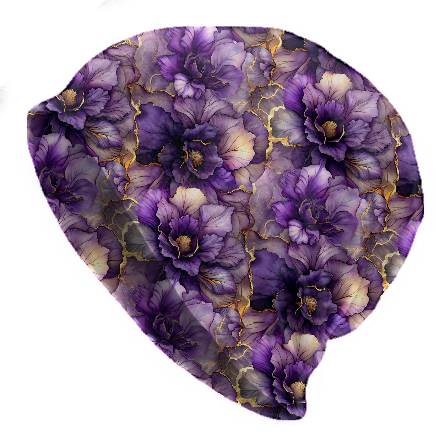 Amethyst Petal Bloom Slouchy Beanie – Thin Stretchy Lightweight Skull Cap for Men and Women in Deep Purple Florals