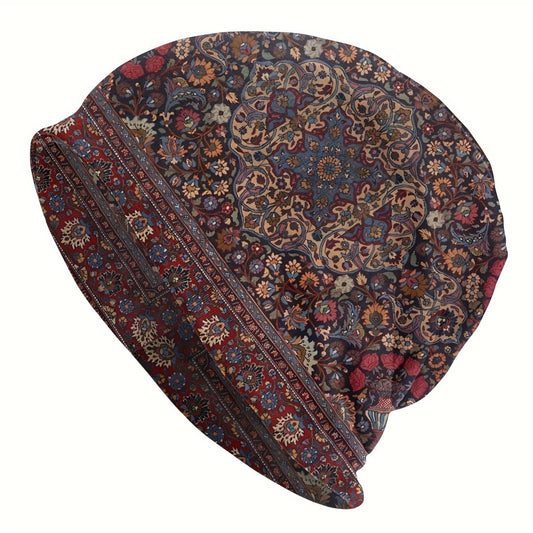 Persian Rug Floral Slouchy Beanie – Boho Men’s Beanie, Vintage Oriental Carpet Pattern Skull Cap, Soft Stretch Hat for Men & Women