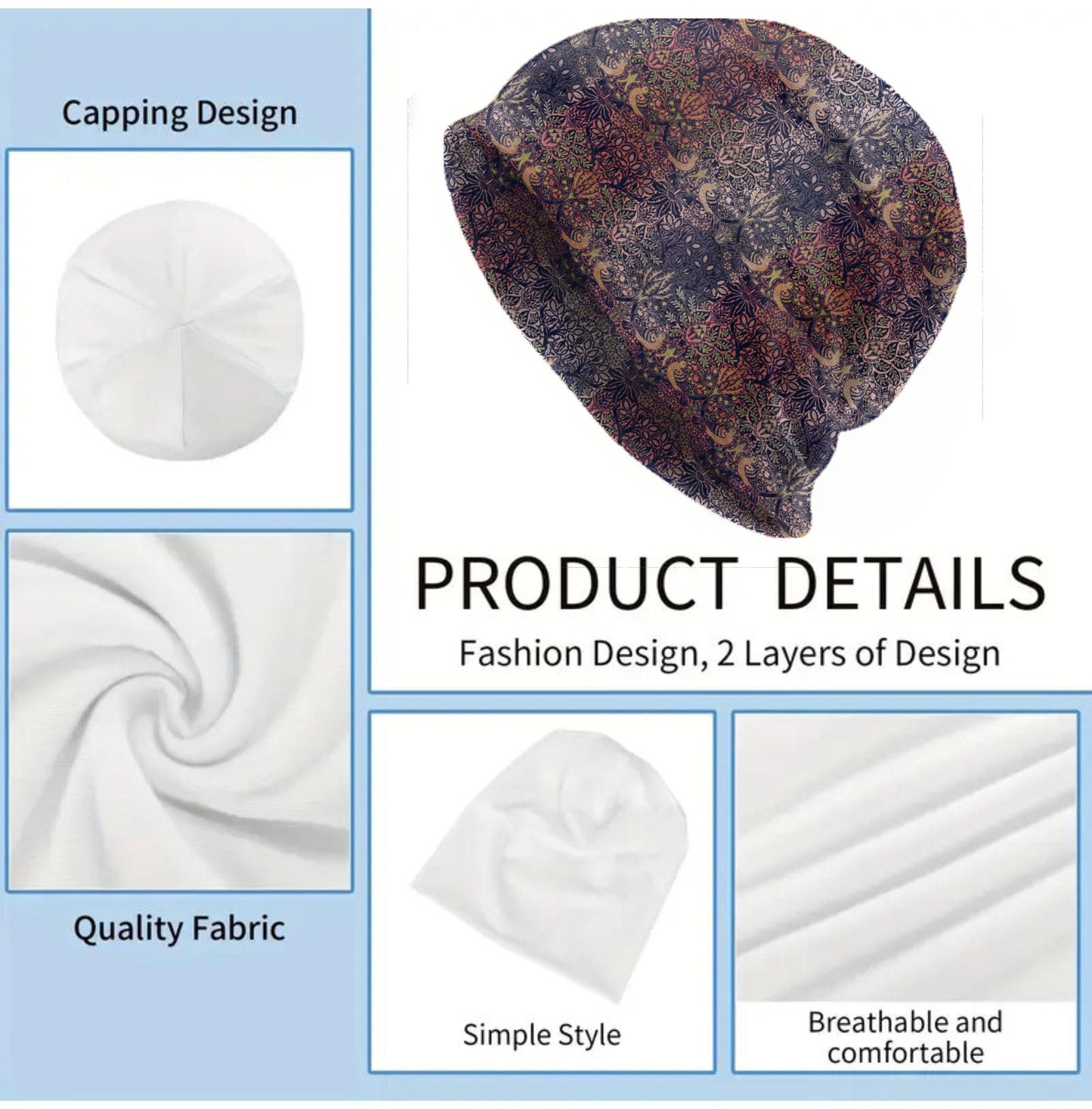 Faded Tapestry Slouchy Beanie – Roses and Doves, Vintage Botanical Bonnet, Soft Thin Stretchy Skull Cap for Men & Women, Heritage Floral