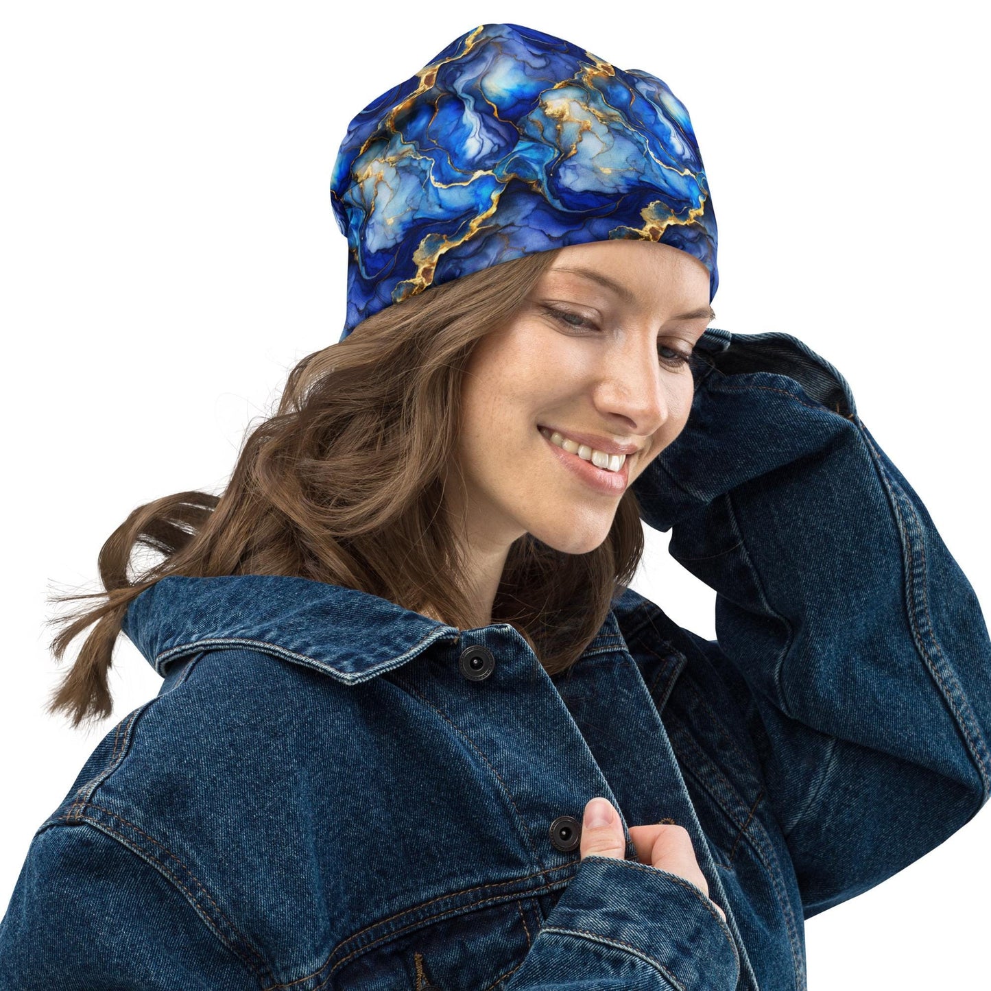 Oceanfire Indigo Slouchy Beanie – Thin Stretchy Lightweight Skull Cap for Men and Women in Deep Blue Marble Waves