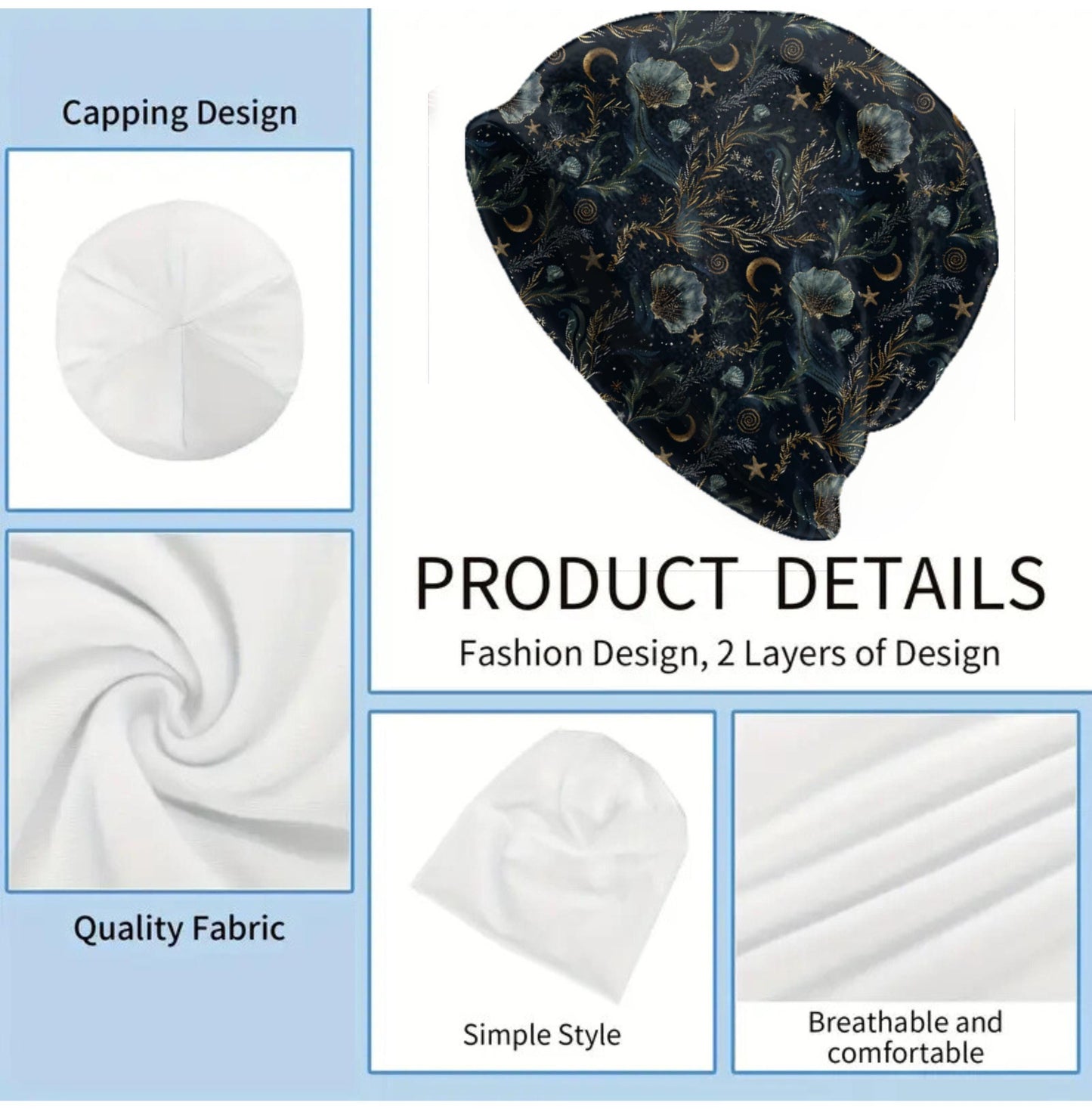 Sea Witch Nightfall Slouchy Beanie – Dark Botanical Ocean Bonnet, Soft Thin Double-Layer Skull Cap for Men & Women, Mystic Nautical Print