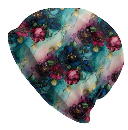 Jewel Garden Slouchy Beanie – Teal & Magenta Floral Bonnet, Soft Thin Stretchy Skull Cap for Men and Women, Watercolor Botanical Hat