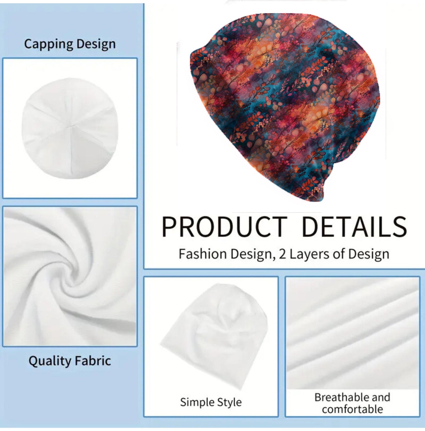 Luminous Ferns Slouchy Beanie – Thin Stretchy Unisex Skull Cap for Men & Women, Soft Lightweight Botanical Bonnet in Teal and Sunset Tones