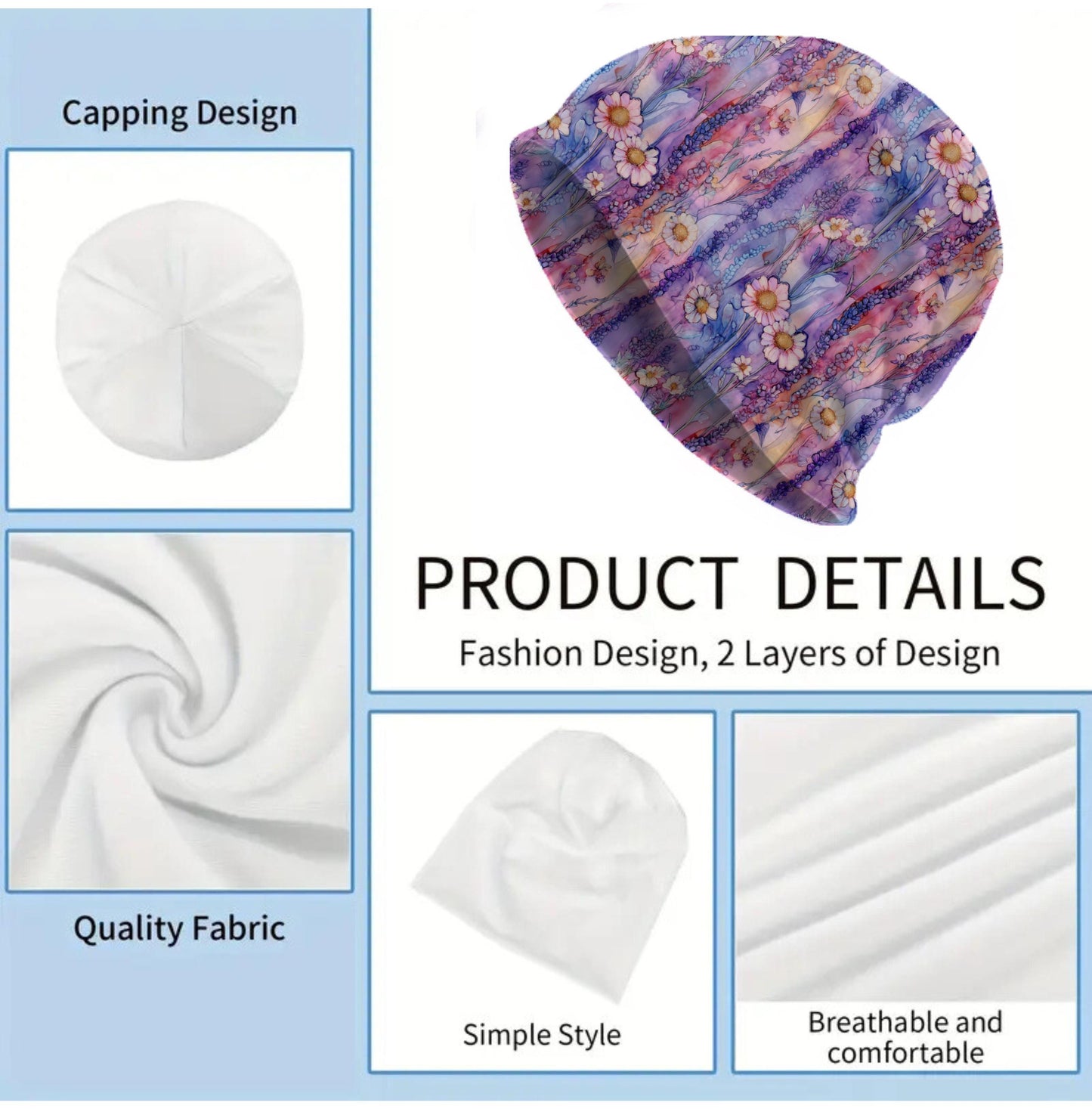 Meadow Glow Slouchy Beanie – Thin Stretchy Lightweight Skull Cap for Men and Women in Pink Lavender and Wildflower Blues