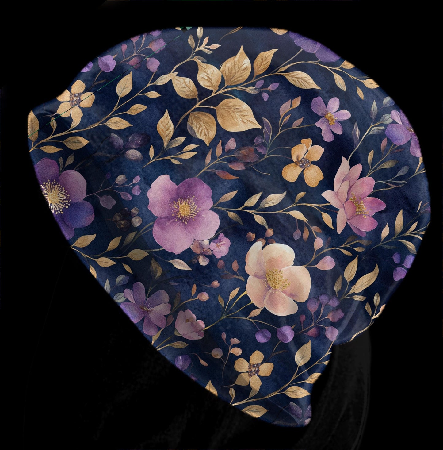 Floral Navy Slouchy Beanie – Purple & Gold Botanical Skull Cap, Hat for Men & Women