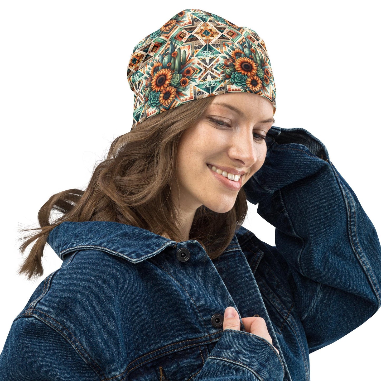 Boho Aztec Sunflower Slouchy Beanie – Thin Stretchy Lightweight Skull Cap for Men and Women with Cactus & Southwest Florals