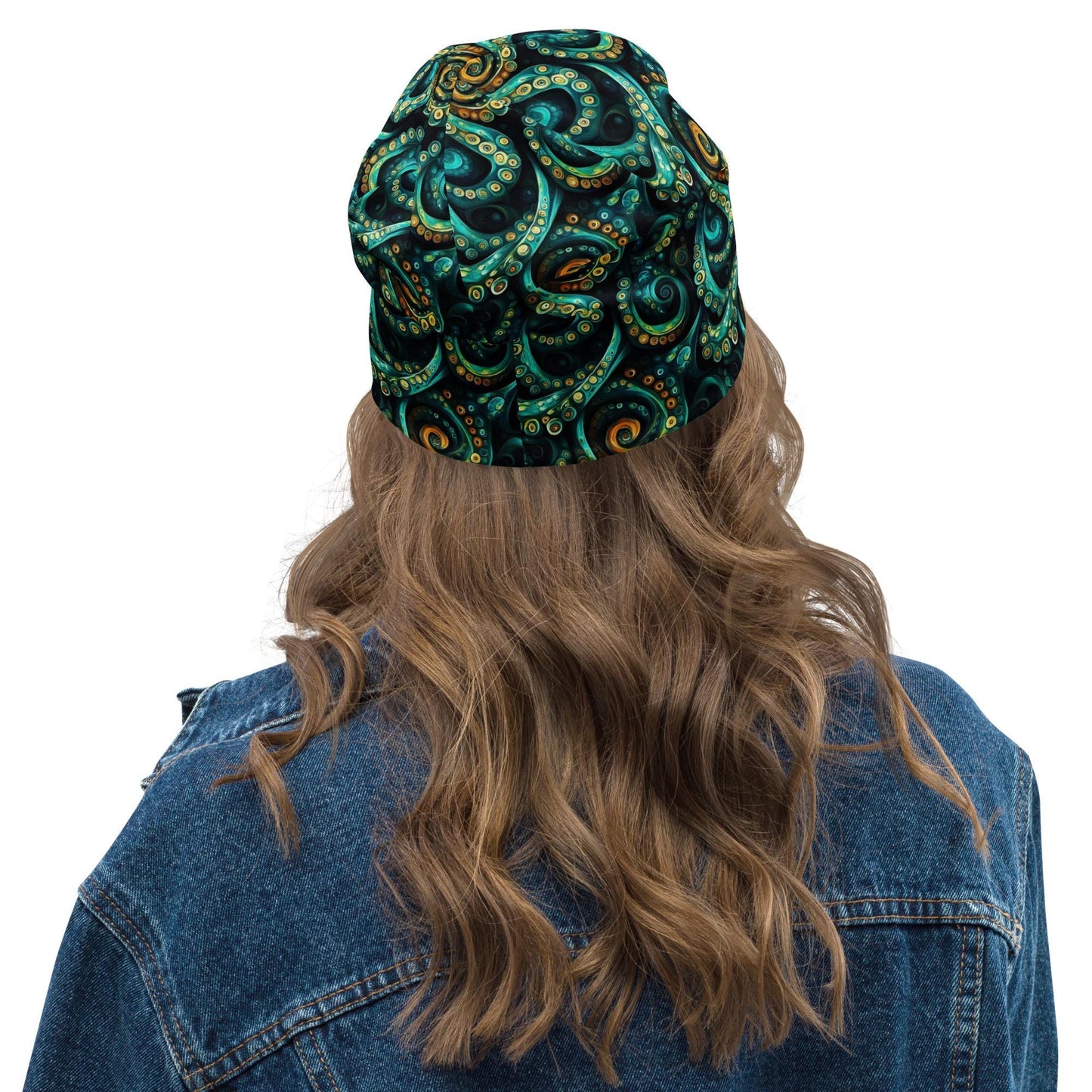 Teal Tentacle Slouchy Beanie – Thin Stretchy Lightweight Skull Cap for Men and Women in Ocean Swirl Pattern