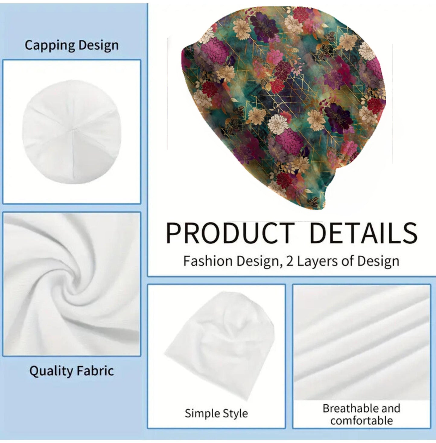 Chiyogami Japanese Floral Slouchy Beanie – Rich Botanical Pattern, Soft Lightweight Double-Layer Stretch Cap for Men & Women