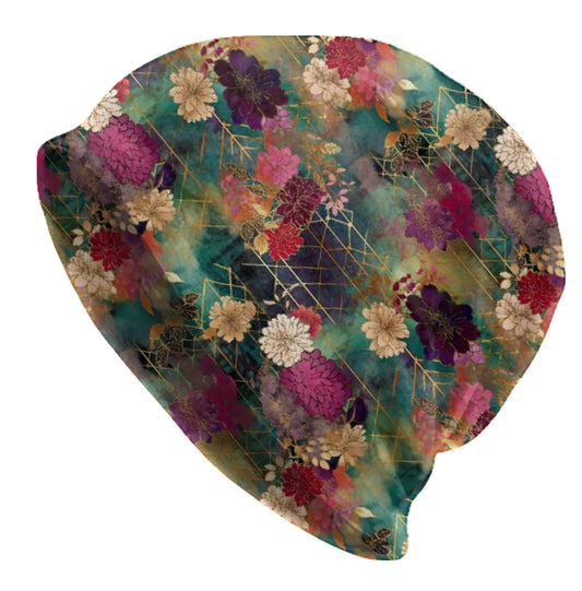 Chiyogami Japanese Floral Slouchy Beanie – Rich Botanical Pattern, Soft Lightweight Double-Layer Stretch Cap for Men & Women