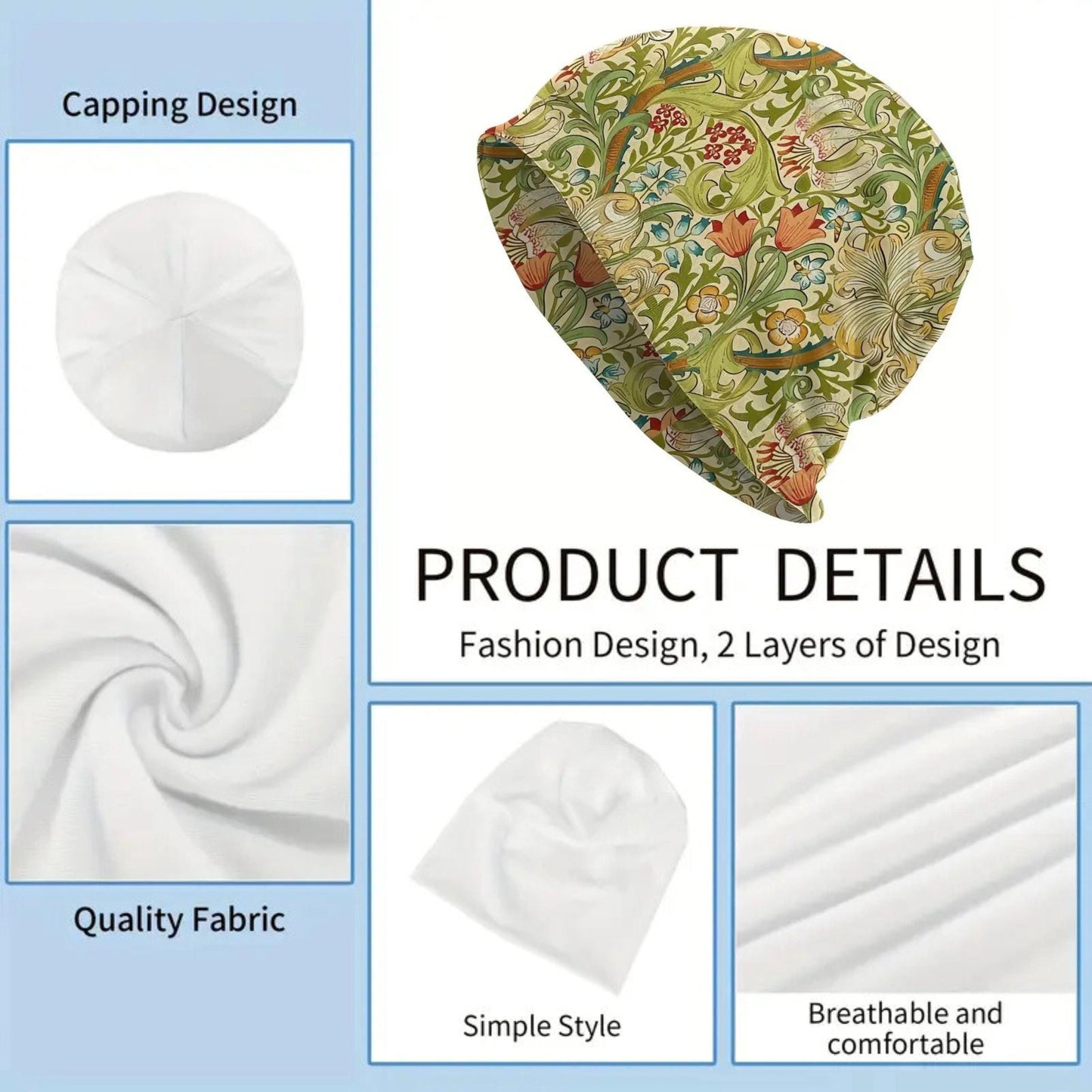 Thin Slouchy Beanies Boho Beanie Skull Cap Thin Soft Caps Boho Hats Bonnet Hat Hippie Stretchy Floral Beanie William Morris Intricate Floral