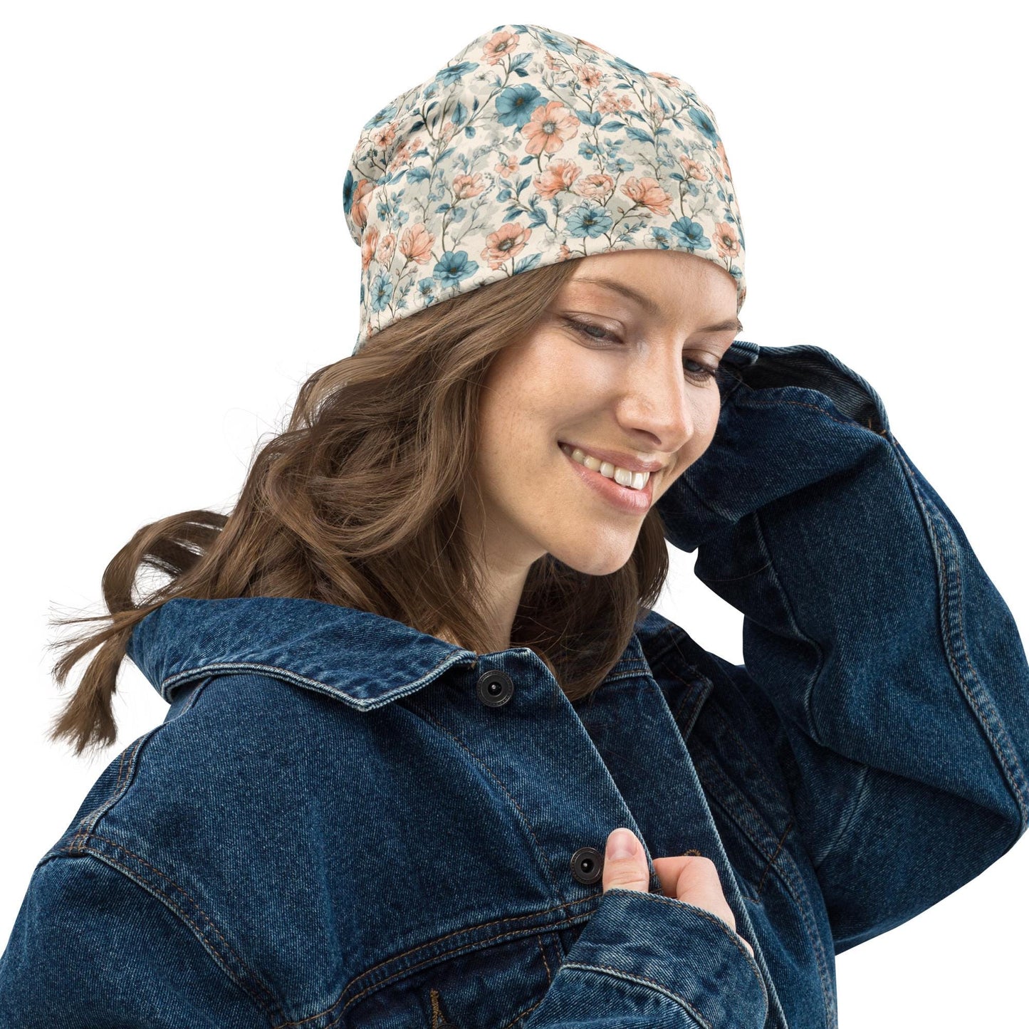 Vintage Blue & Peach Garden Slouchy Beanie – Thin Stretchy Lightweight Skull Cap for Men and Women