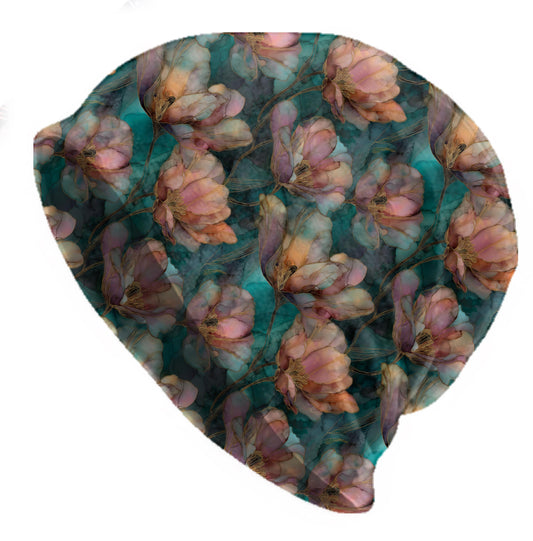 Rose Gold Tulip Slouchy Beanie – Thin Stretchy Lightweight Skull Cap for Men & Women in Teal and Blush Petals