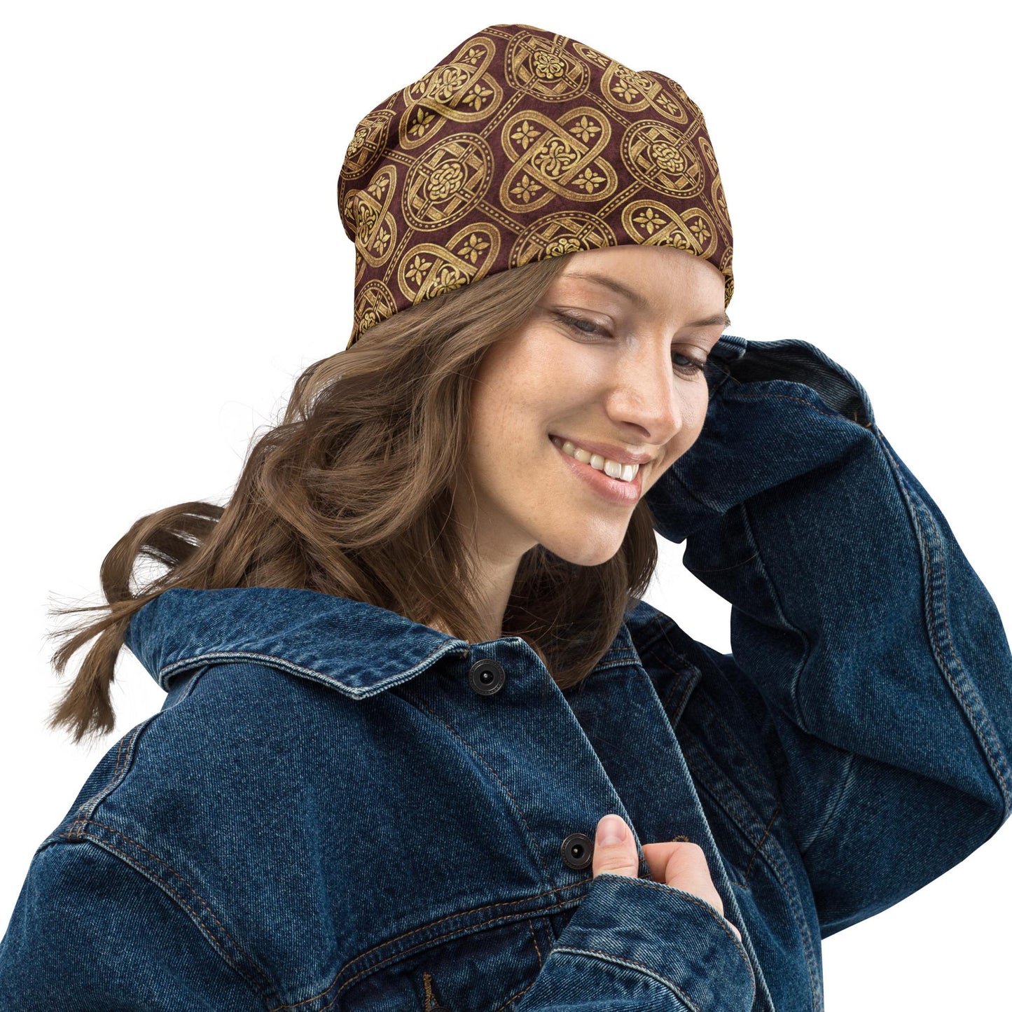 Celtic Burgundy Gold Slouchy Beanie – Thin Lightweight Soft Skull Cap for Men and Women