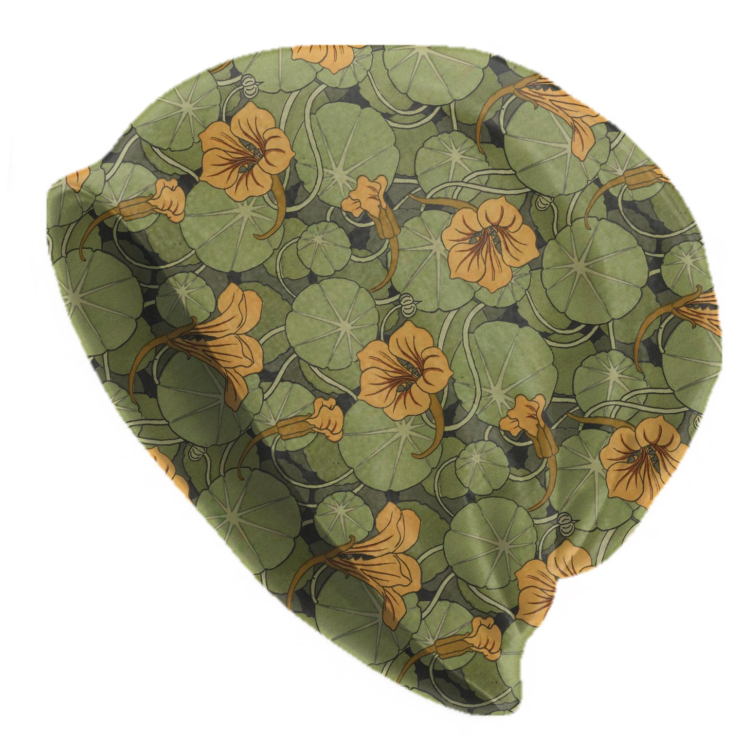 Thin Maurice Pillard Nasturtium Beanie – Art Nouveau Green Floral Slouch Hat, Vintage Botanical Cap, Lightweight Soft Beanie