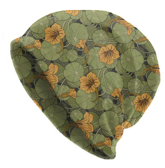 Thin Maurice Pillard Nasturtium Beanie – Art Nouveau Green Floral Slouch Hat, Vintage Botanical Cap, Lightweight Soft Beanie