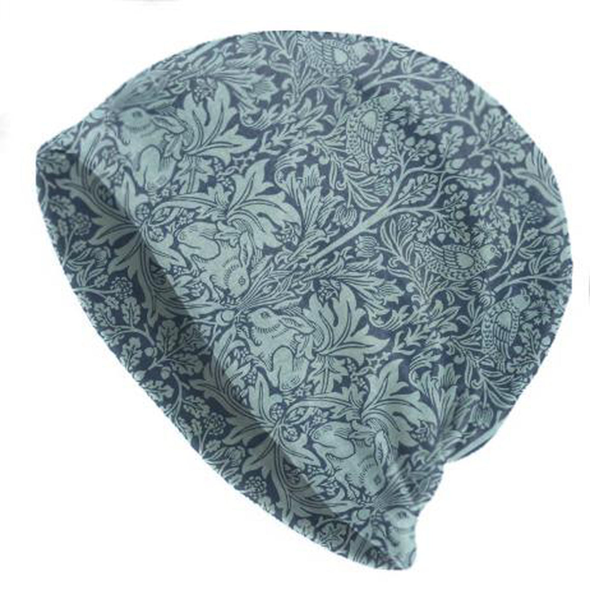 Botanical Beanie, William Morris Eagle and Rabbit Print, Muted Blue Slouchy Fit