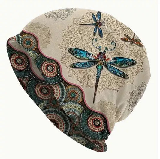 Dragonfly Print Boho Style Skullies & Beanies for Men and Women | Lightweight Bohemian Knit Cap